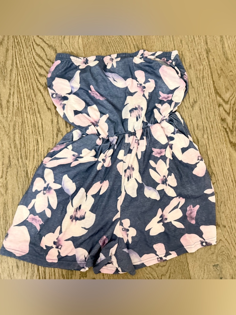 SHEIN Navy Floral Strapless Girls One-Piece Romper with Pink Flowers
